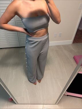 High-Waist Side-Button Wide Leg Pants & Crop Tube Top Set - Gray